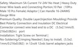 12V DC Power Connector 5.5mm X 2.1mm, 10 Male + 10 Female，Power Jack Adapter For Led Strip CCTV Security Camera Cable Wire Ends Plug