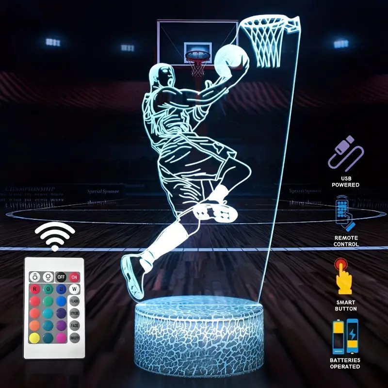 3D Basketball Night Light, Creative Optical Illusion LED Table Lamp With Remote & Touch Control 2 3D Basketball Night Light, Creative Optical Illusion LED Table Lamp With Remote & Touch Control, 16-Color Changing Ambient Light For Bedroom Festival Home Bedside Decor, Holiday Gift Birthday Gift For Girls
