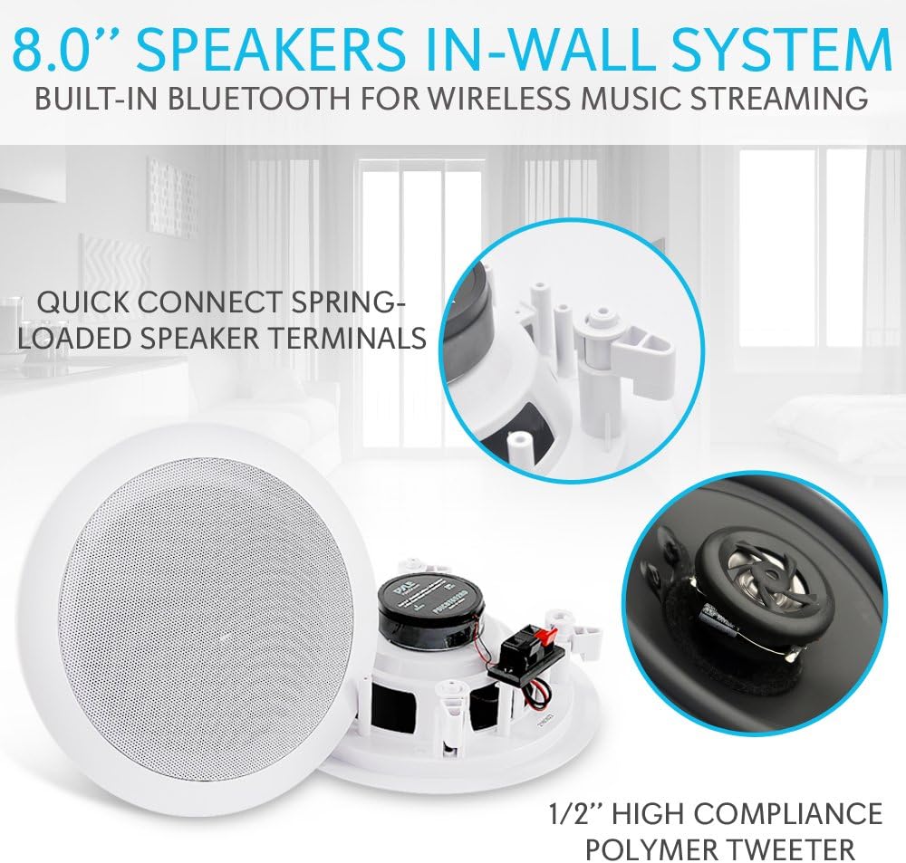 Pyle Pair 8” 250 Watts Bluetooth Flush Mount In-wall In-ceiling 2-Way Universal Home Speaker 4 Bluetooth Speakers
